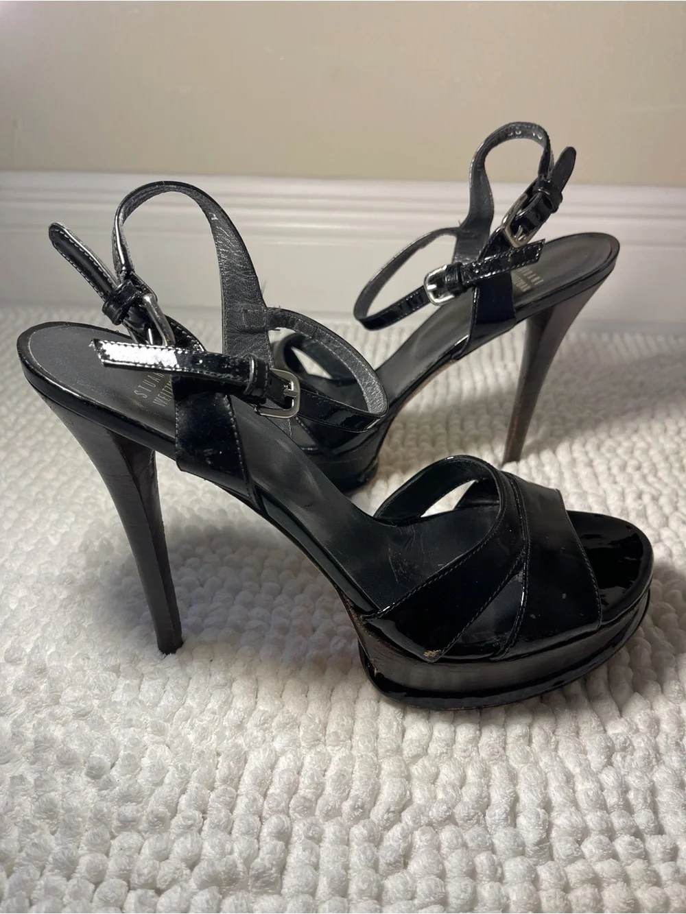 Stuart Weitzman Black Patent Leather Platform Slingback Heels